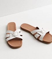 New Look Wide Fit White Leather-Look Cross Strap Sliders